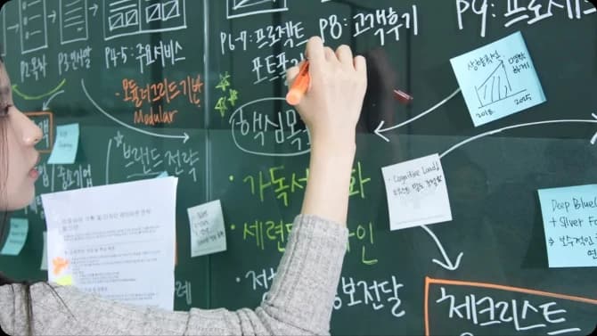 씨브레인 디자이너가 화이트보드에 브로슈어 기획 및 레이아웃 전략을 정리하는 모습