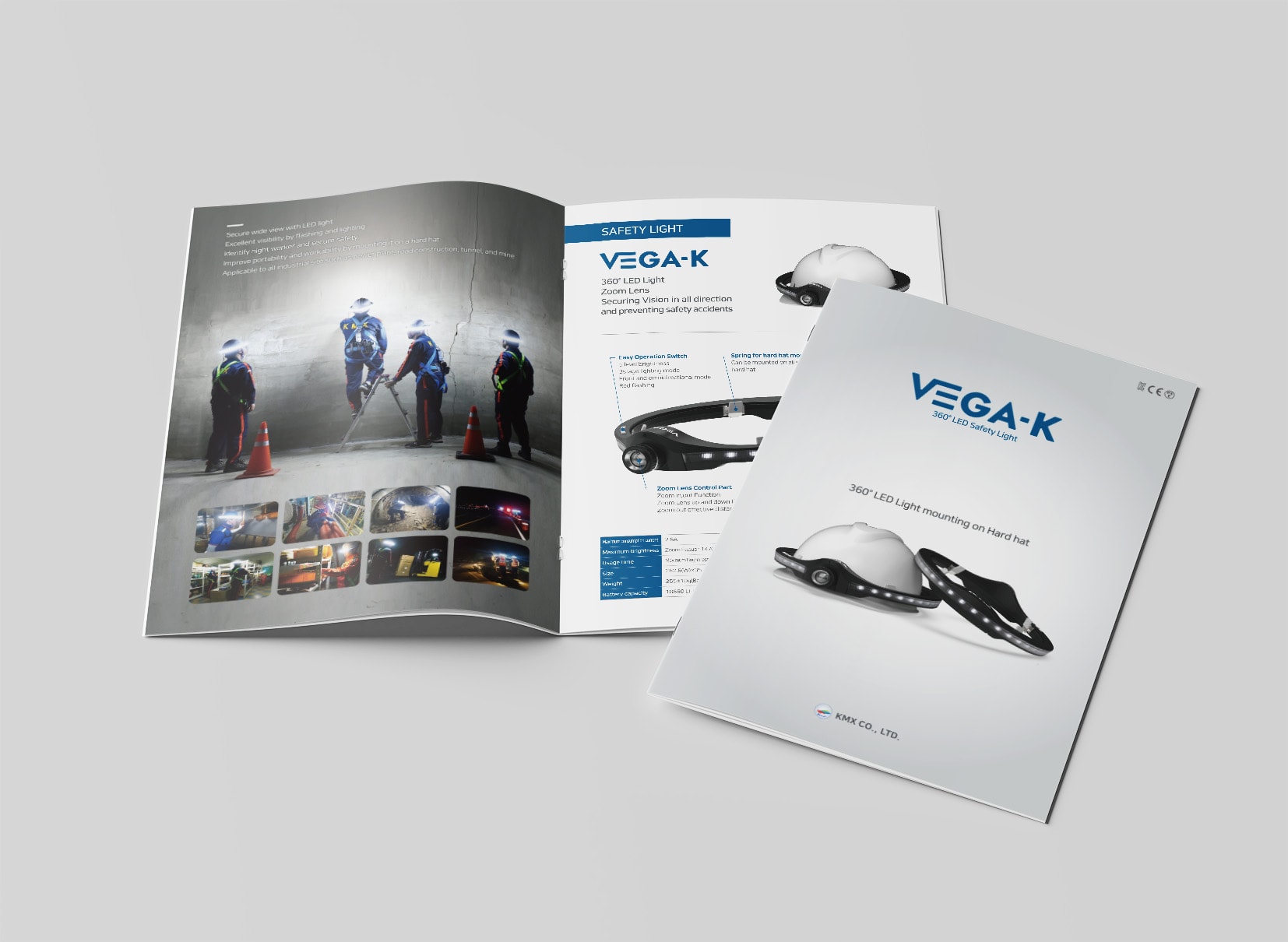 케이엠엑스 산업안전용품 VEGA-K 360도 LED 안전모 헤드랜턴 브로슈어 표지 디자인