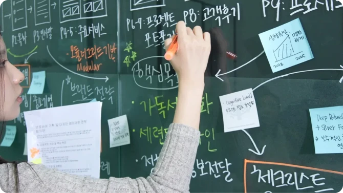 씨브레인 디자이너가 화이트보드에 브로슈어 기획 및 레이아웃 전략을 정리하는 모습